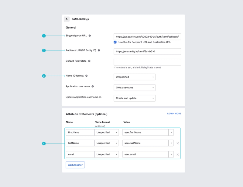 Shows the Okta SAML settings screen with 4 fields highlighted with sequential integers from 1 to 4. These are labeled "Single sign-on URL", "Audience URI (SP Entity ID", "Name ID Format" and "Attribute statements"