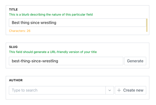 Three studio fields named Title, Author, and Slug. All of them have a gray border. The slug and title fields have descriptions in green. The title field alone also has a character count in orange.