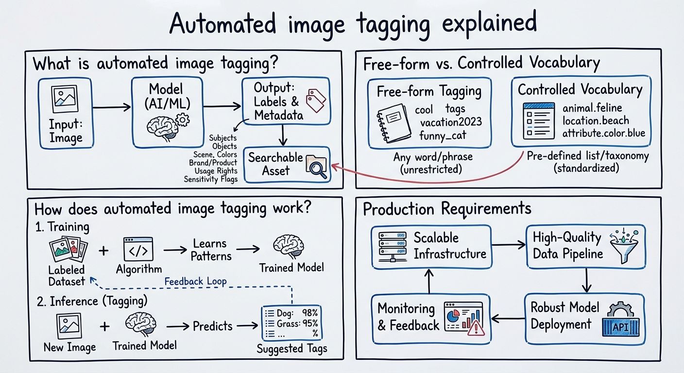A diagram explaining Automated image tagging in terms of related concepts.