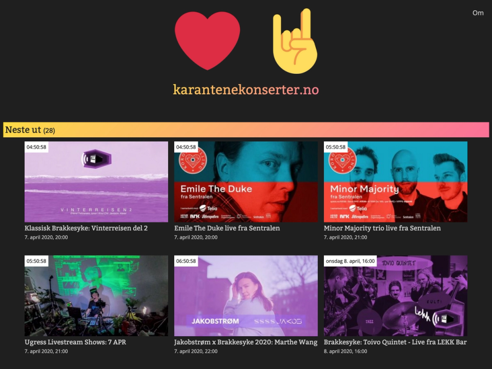 Karantenekonserter.no‘s frontpage