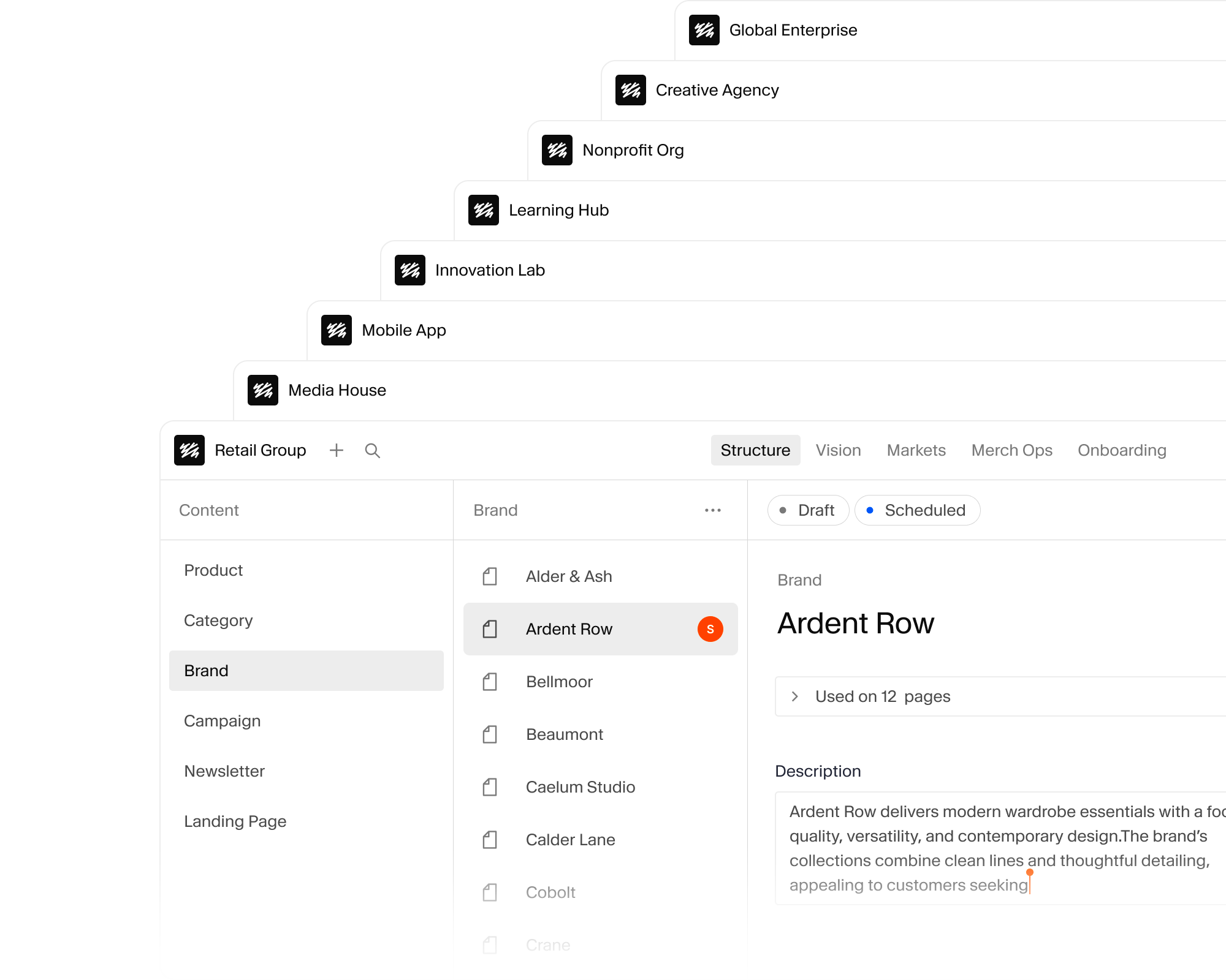 A content management system interface showing a hierarchical list of projects, with the "Ardent Row" brand selected and its description displayed.
