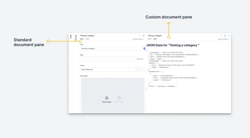 A screenshot illustrating a standard document pane and a custom document pane side by side