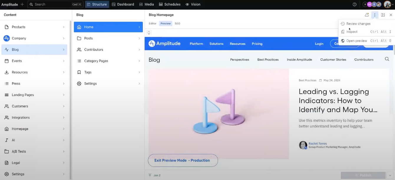 Blog home page editing experience in Sanity Studio