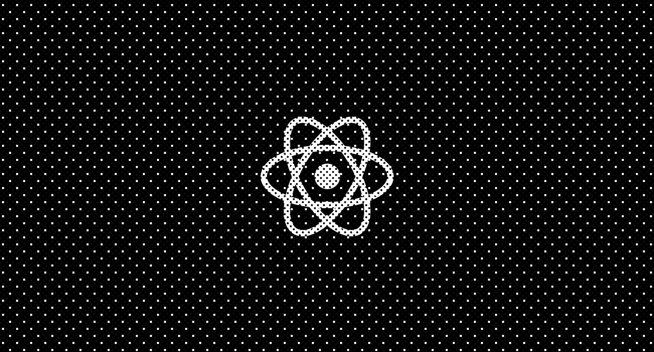 White atom icon on a dotted black background.