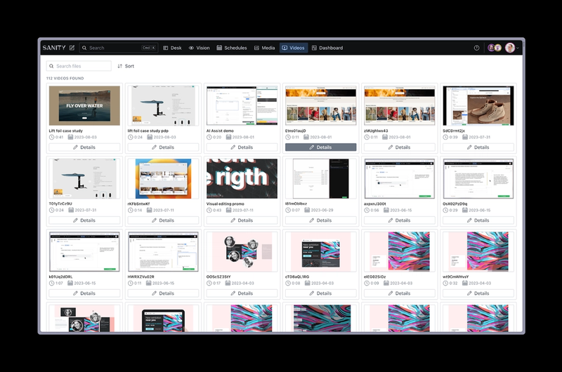 A screen shot of Sanity Studio and the new video manager, showing a grid of thumbnails