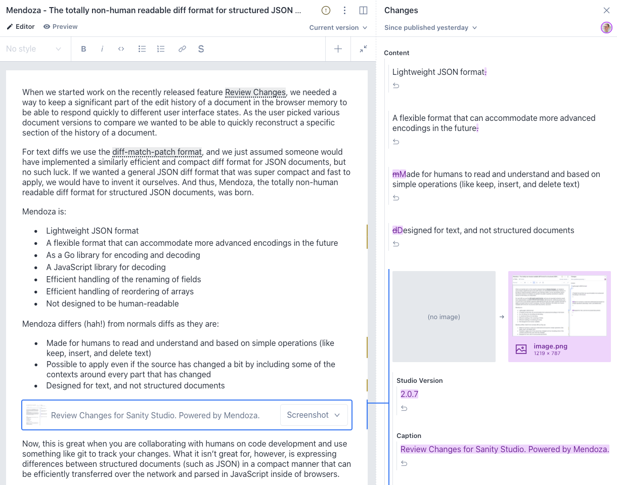 The Portable Text Editor with the Review Changes panel showing content changes