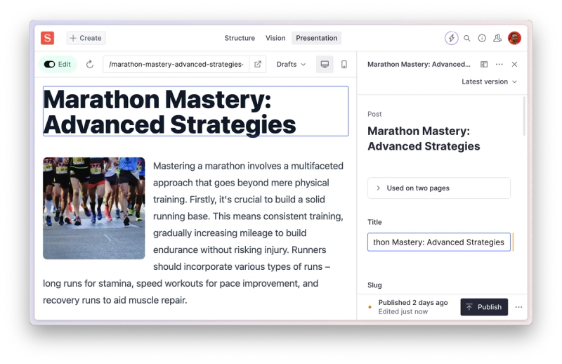 Screenshot of a web editor interface showing a blog post titled ‘Marathon Mastery: Advanced Strategies’ with an image of marathon runners in the content section. The editor sidebar includes options to edit the title, slug, and other post details.