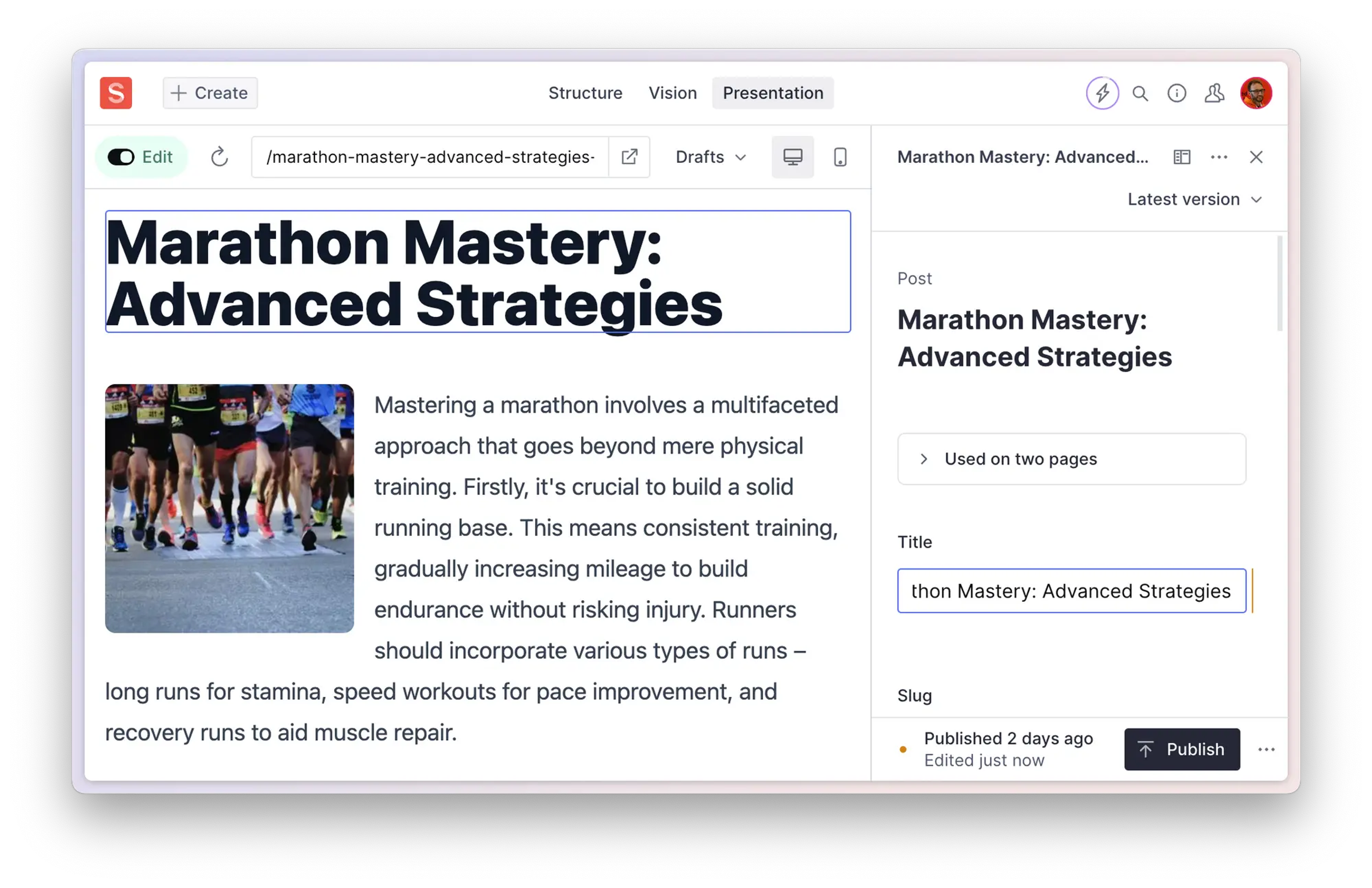 The Presentation tool showing live preview with click to edit