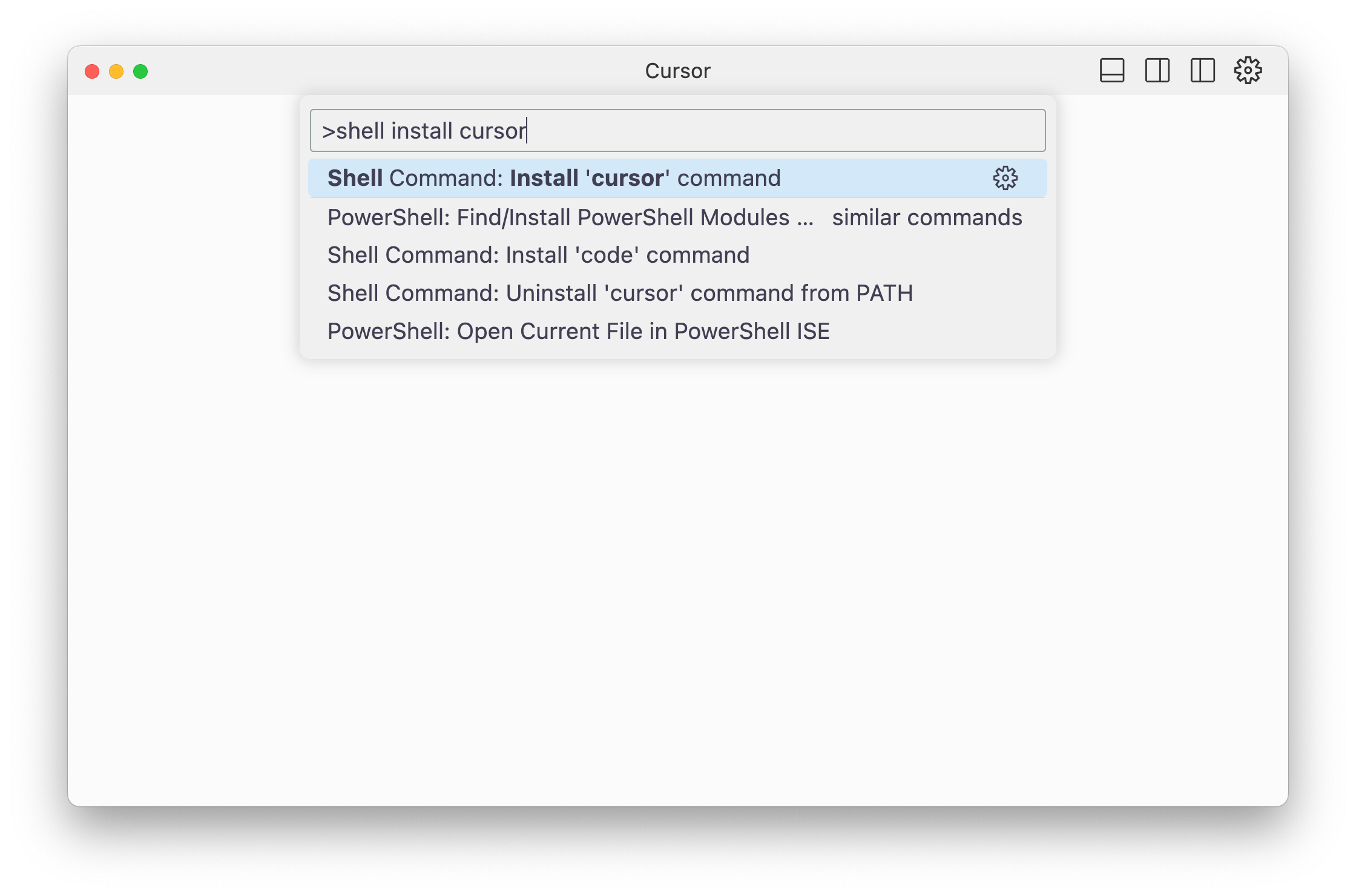 Cursor editor with command palette open