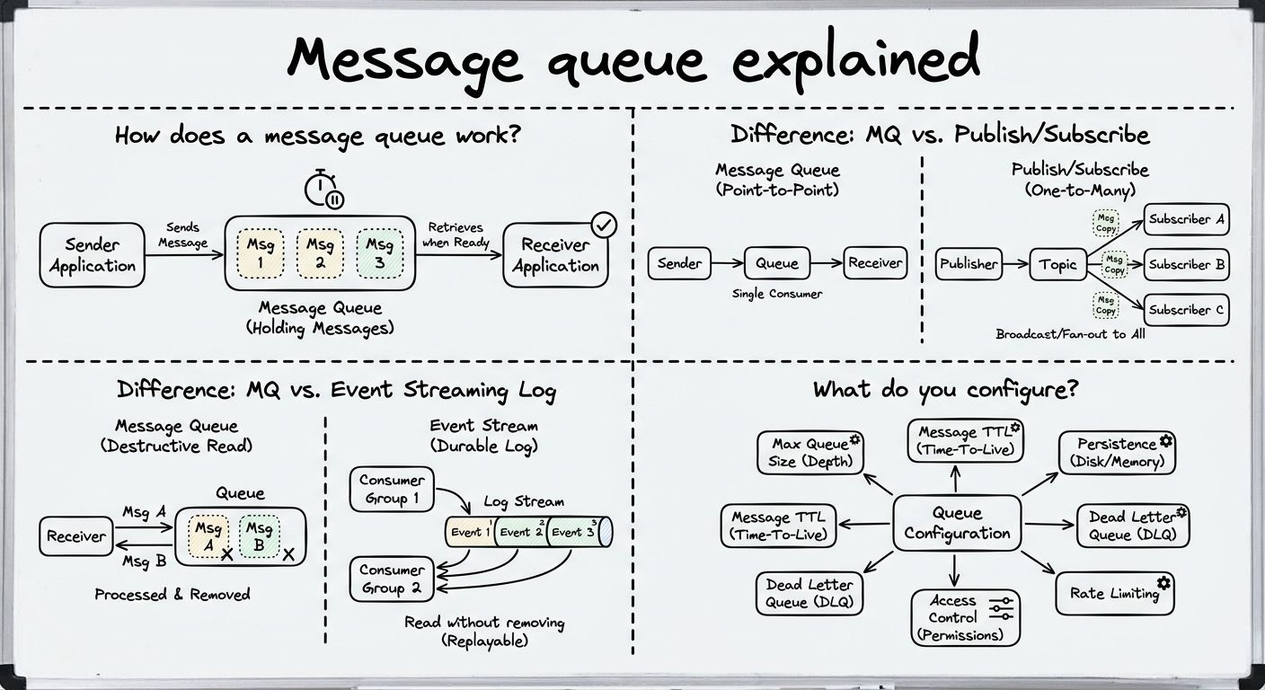 A diagram explaining Message queue in terms of related concepts.