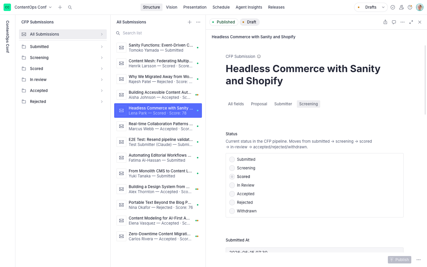 A content management system dashboard showing CFP submissions, with "Headless Commerce with Sanity" highlighted and its details showing a "Scored" status.