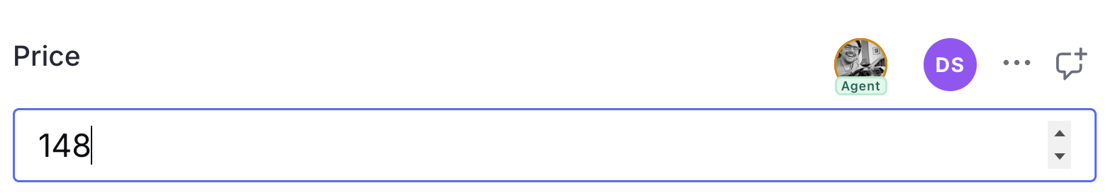 A Price field in Sanity Studio with two presence avatars: one labeled Agent and one for the human author.