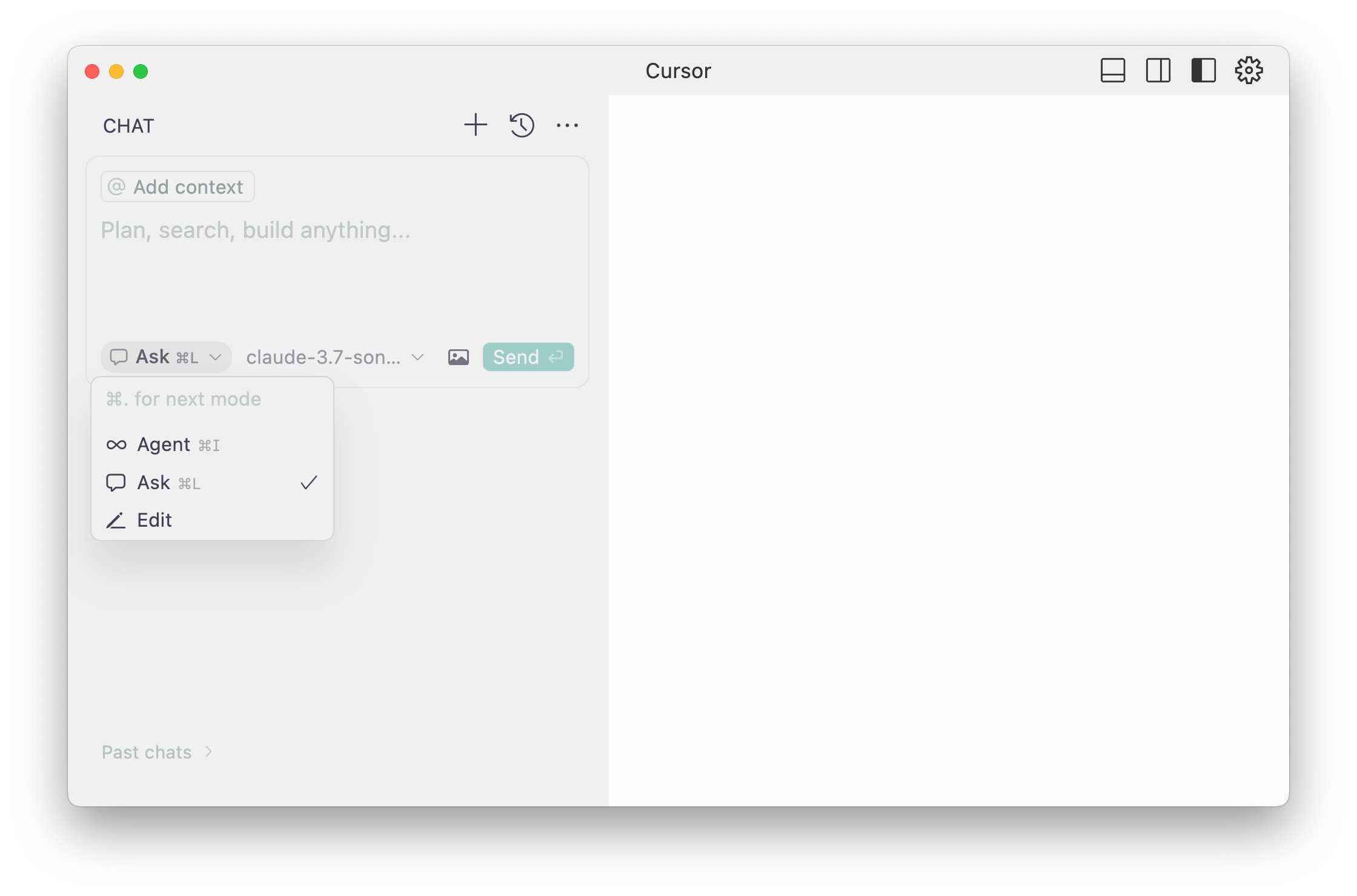Cursor's chat panel with the choices of Agent and Ask