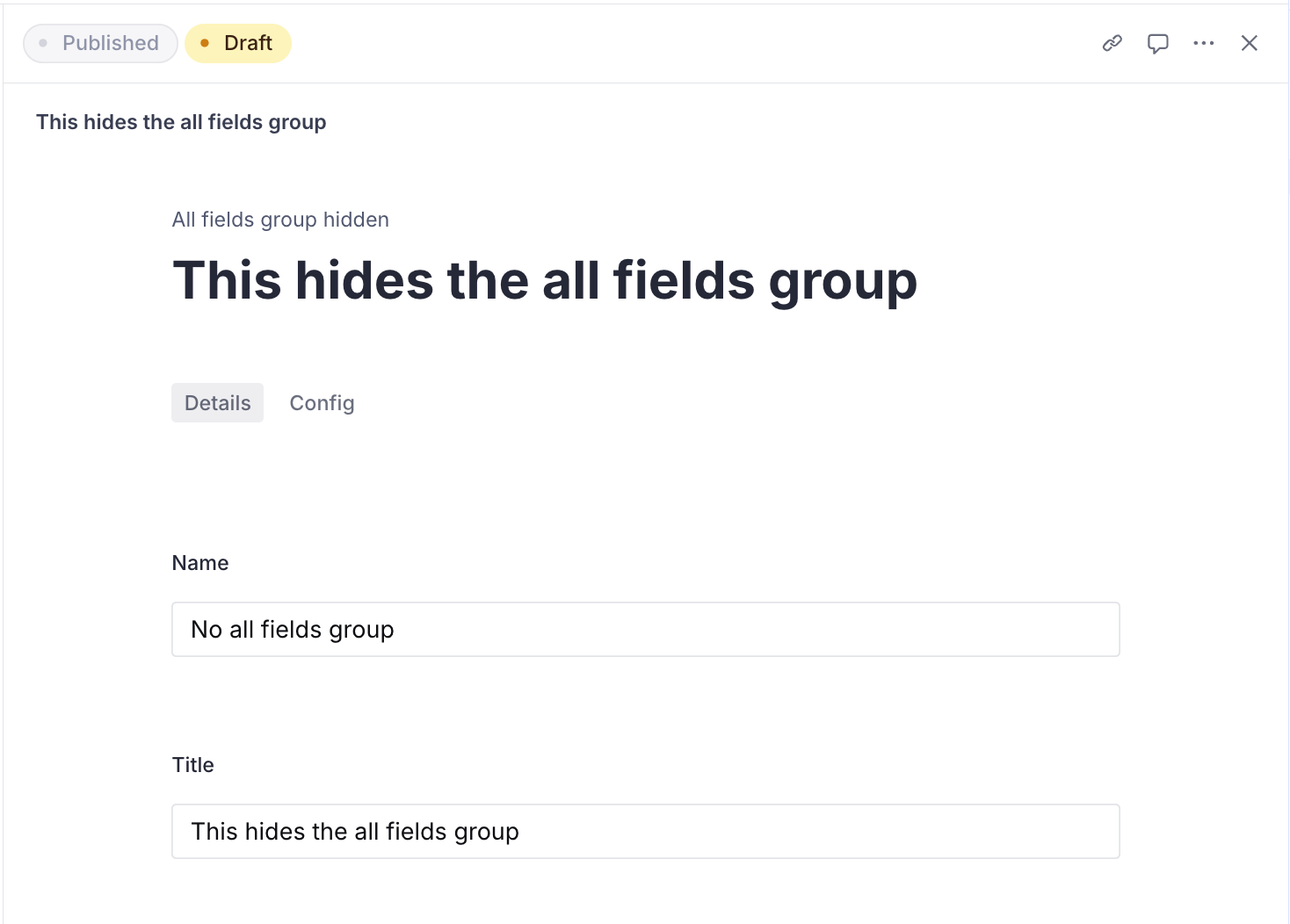 Sanity Studio document form showing field group tabs with the All fields tab hidden.