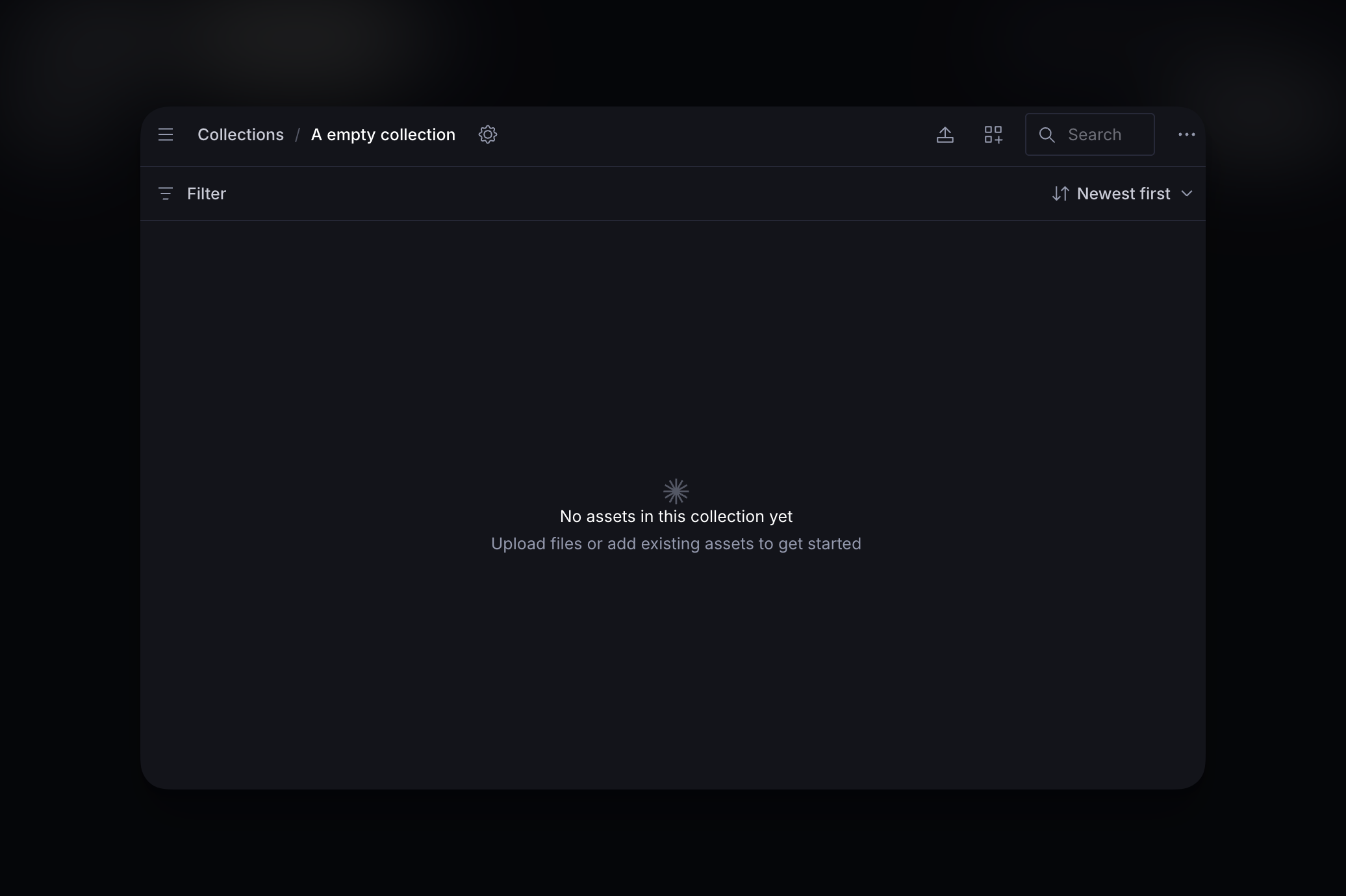 Dark mode interface showing an empty collection with the message "No assets in this collection yet. Upload files or add existing assets to get started."