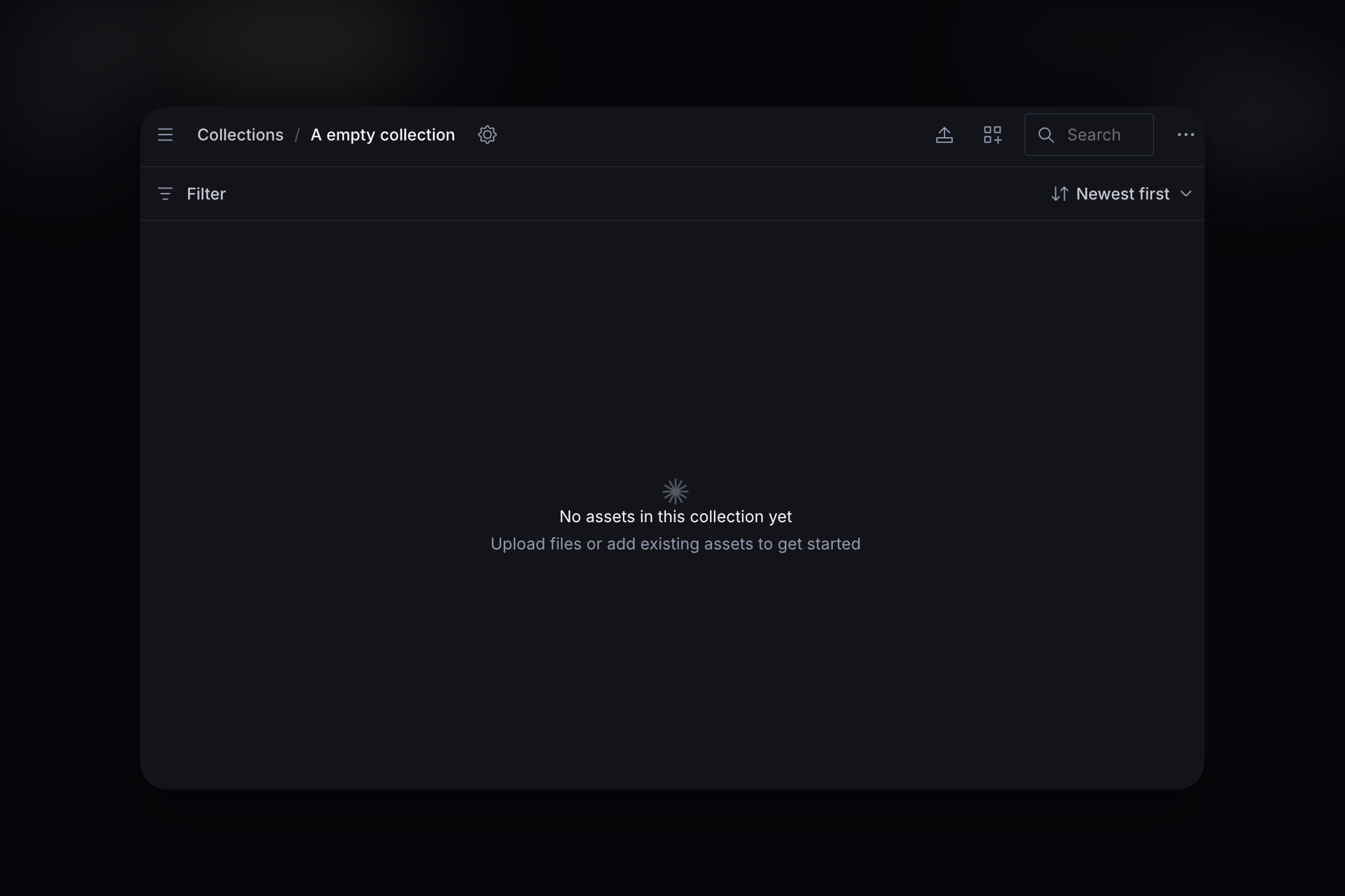 Dark mode interface showing an empty collection with the message "No assets in this collection yet. Upload files or add existing assets to get started."
