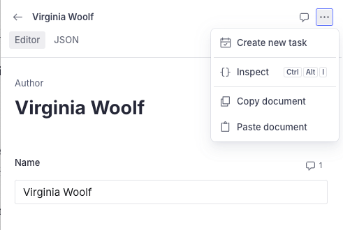 The Document Actions menu with options for copying and pasting documents