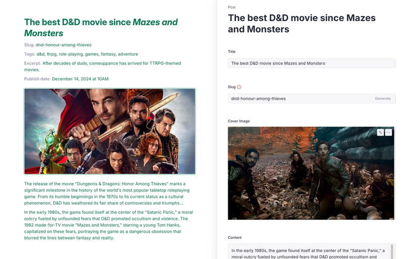 Left: mapping content in Sanity Create. Right: The resulting document in Sanity Studio.