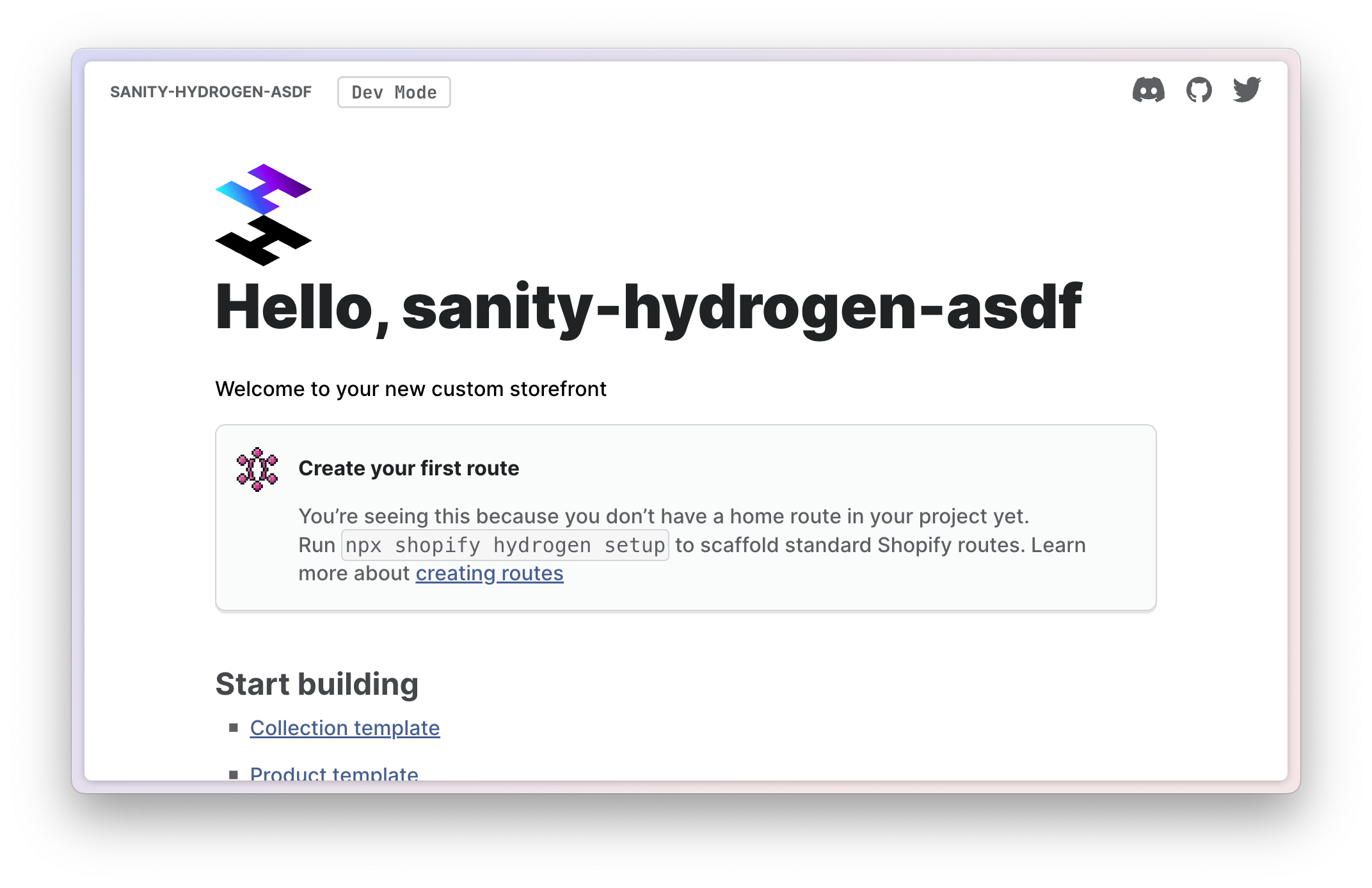 Hello page of a new Hydrogen application