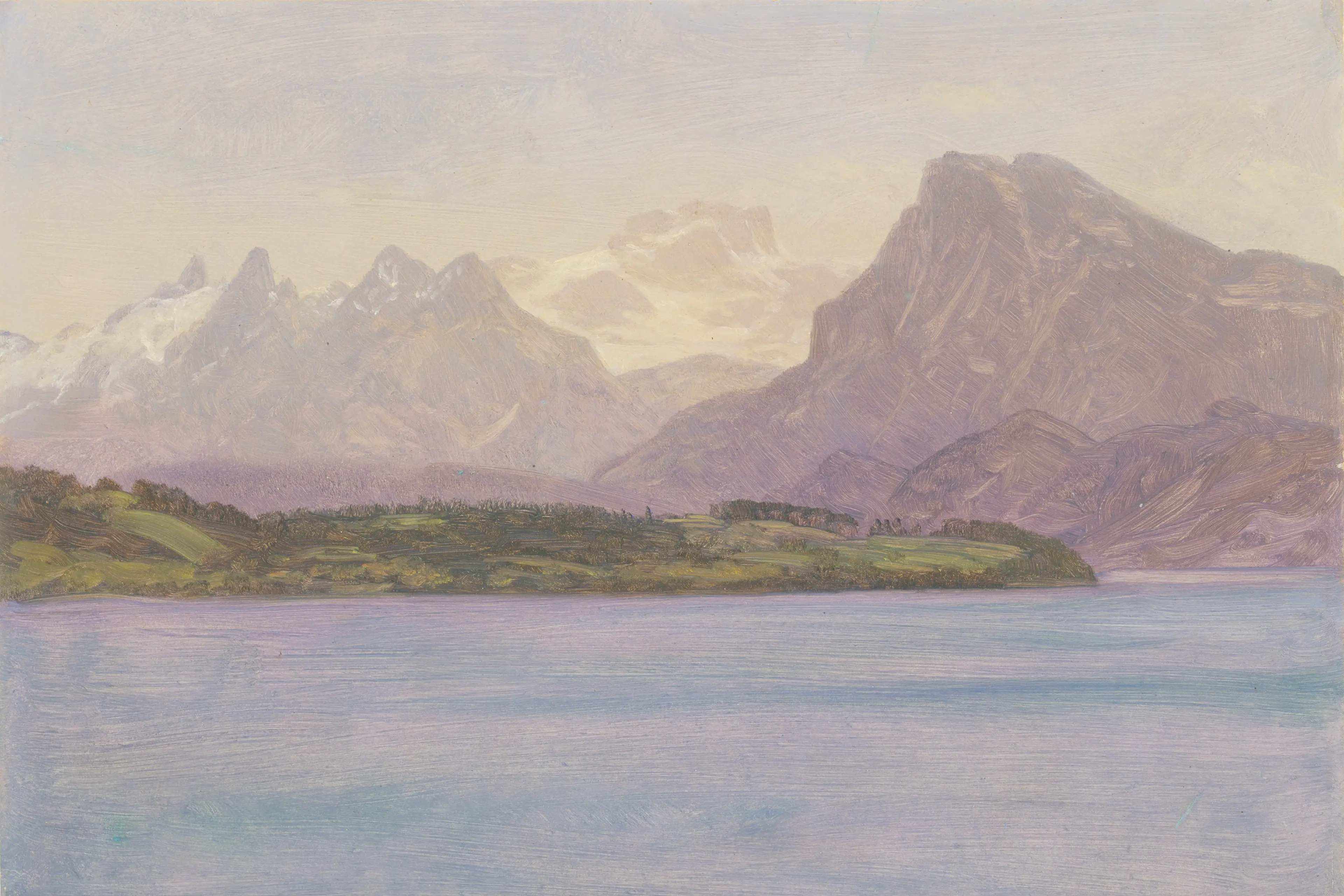 Painting of a tranquil lake with a forested peninsula and hazy, snow-capped mountains.