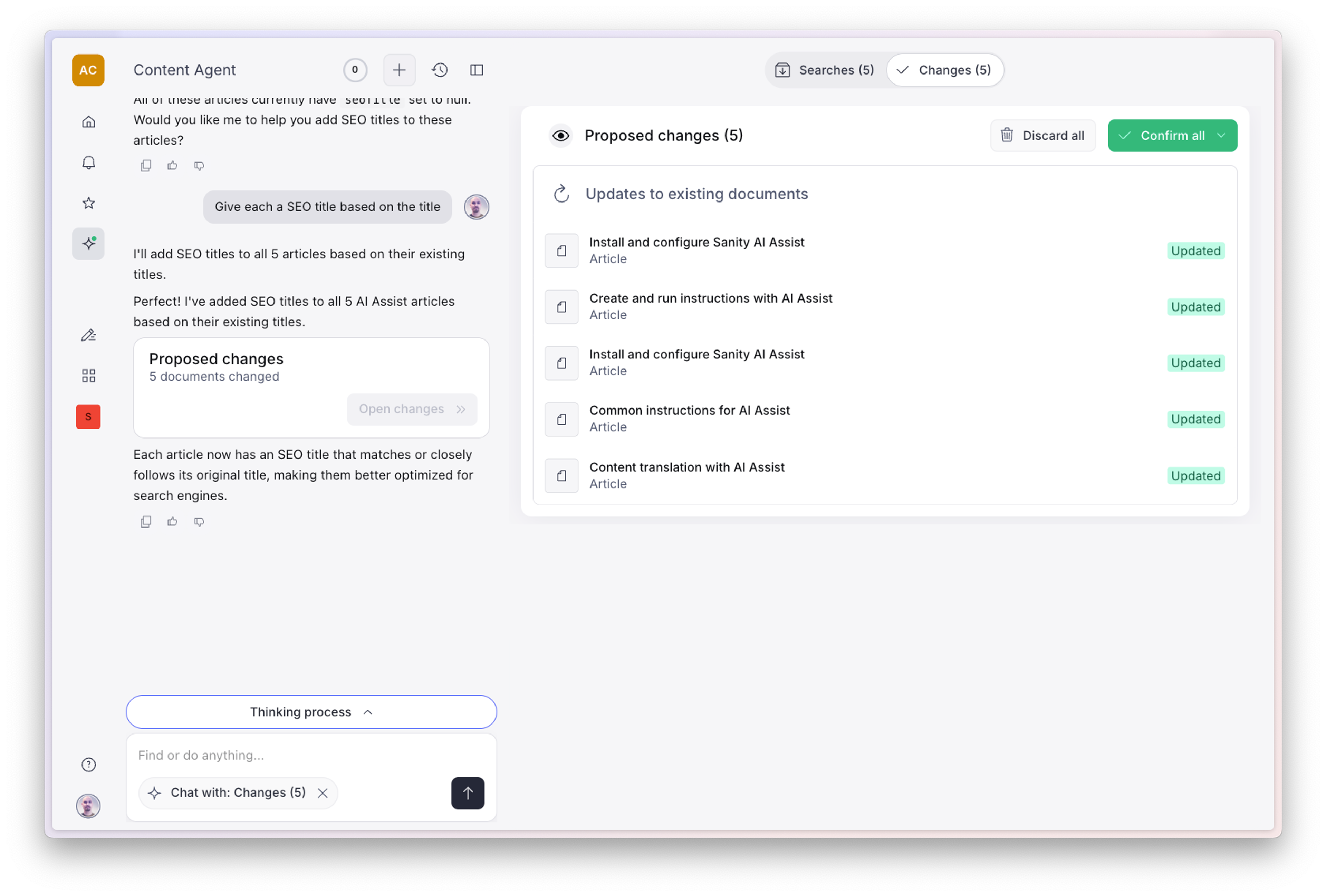 A Content Agent user interface displays a conversation about adding SEO titles to articles, next to a list of 5 proposed document updates with 'Confirm all' and 'Discard all' options.