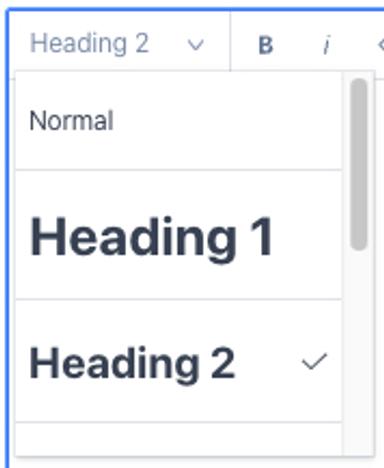 Dropdown list that shows Normal, Heading 1, and Heading 2 as options, with Heading 2 selected.