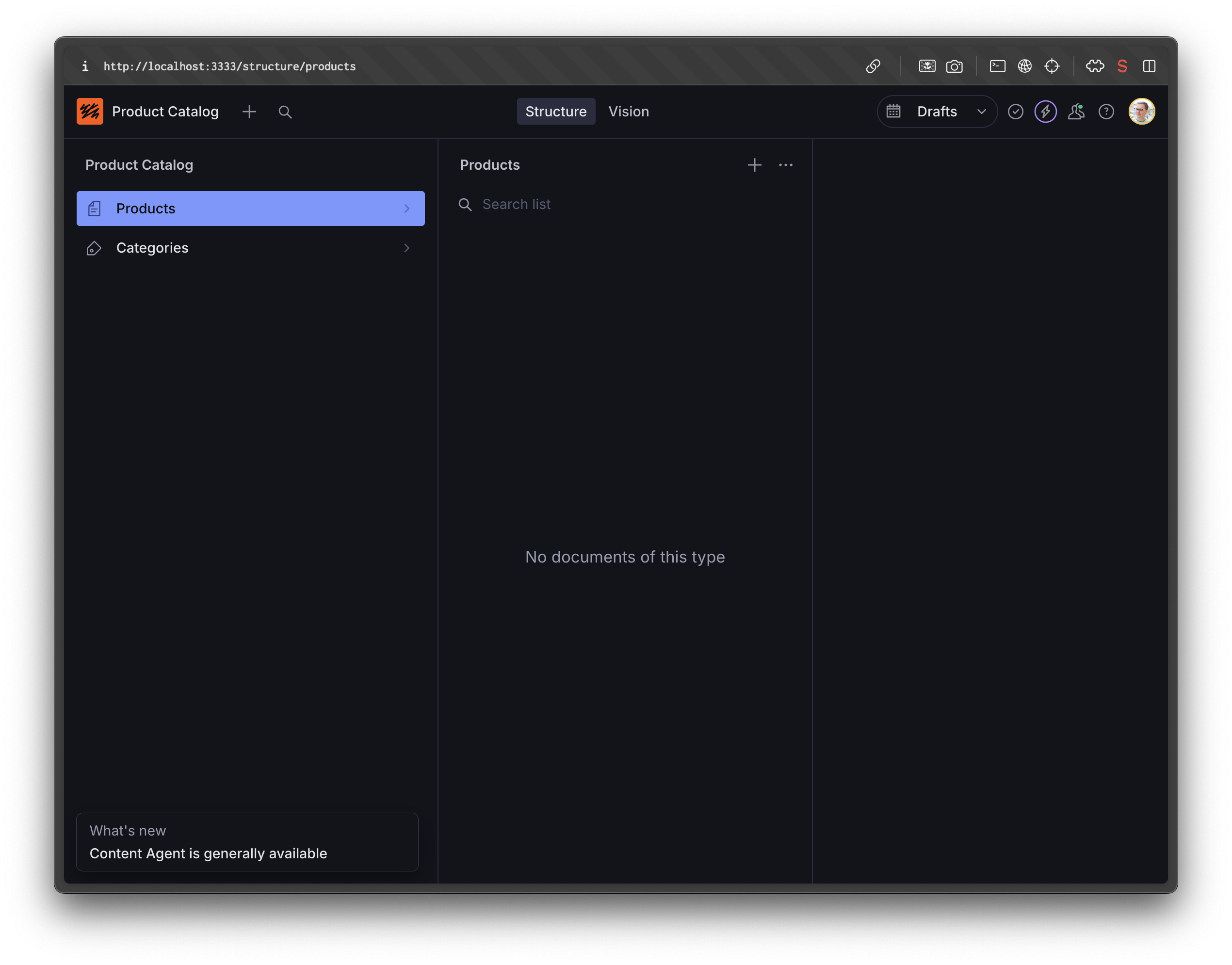 Dark-themed Product Catalog interface with "Products" selected, displaying "No documents of this type."