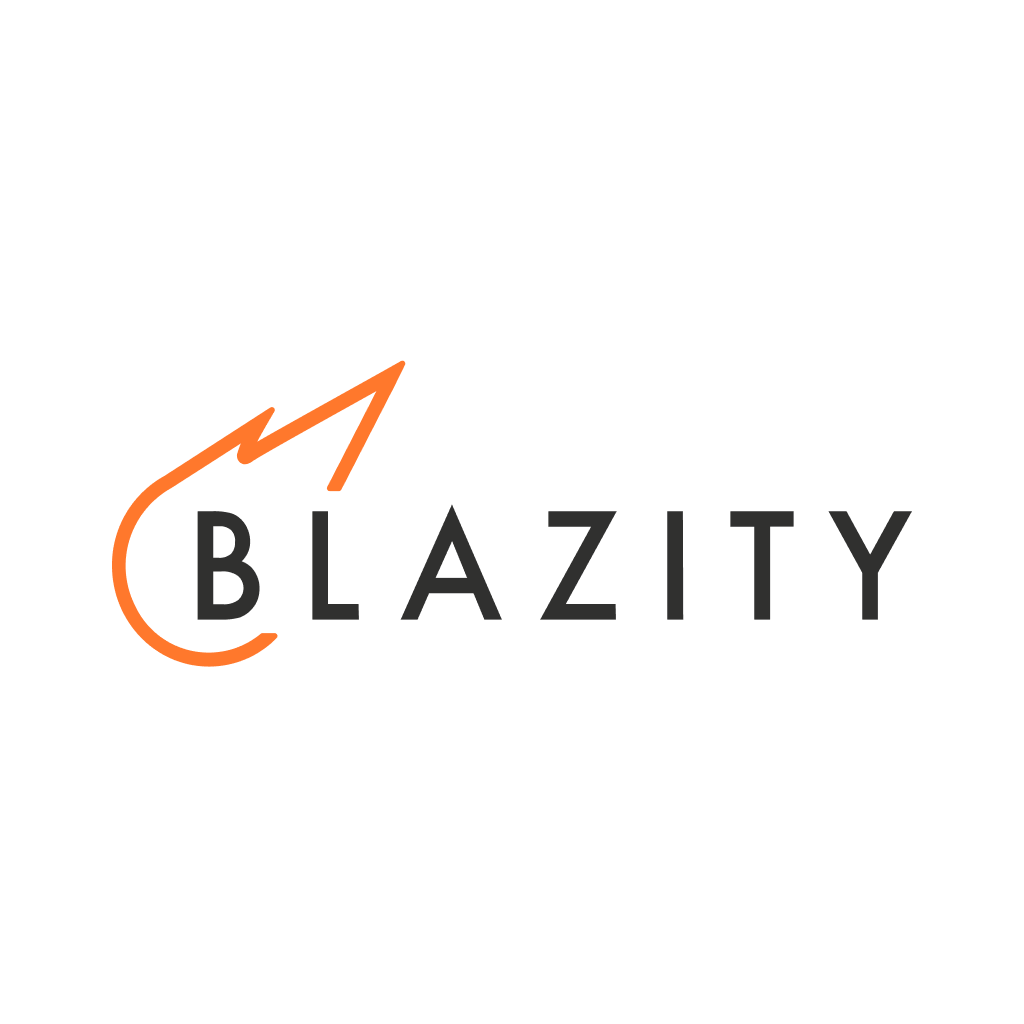 a logo for a company called blazity with an orange flame