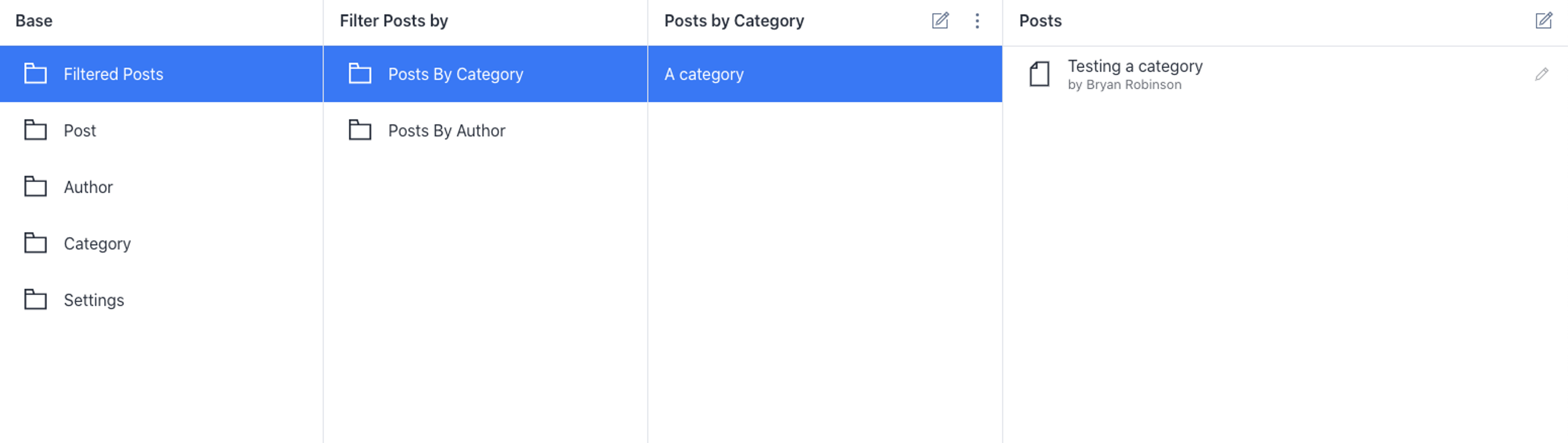 A multi-column content management interface with "Filtered Posts", "Posts By Category", and "A category" selected, displaying a post titled "Testing a category".