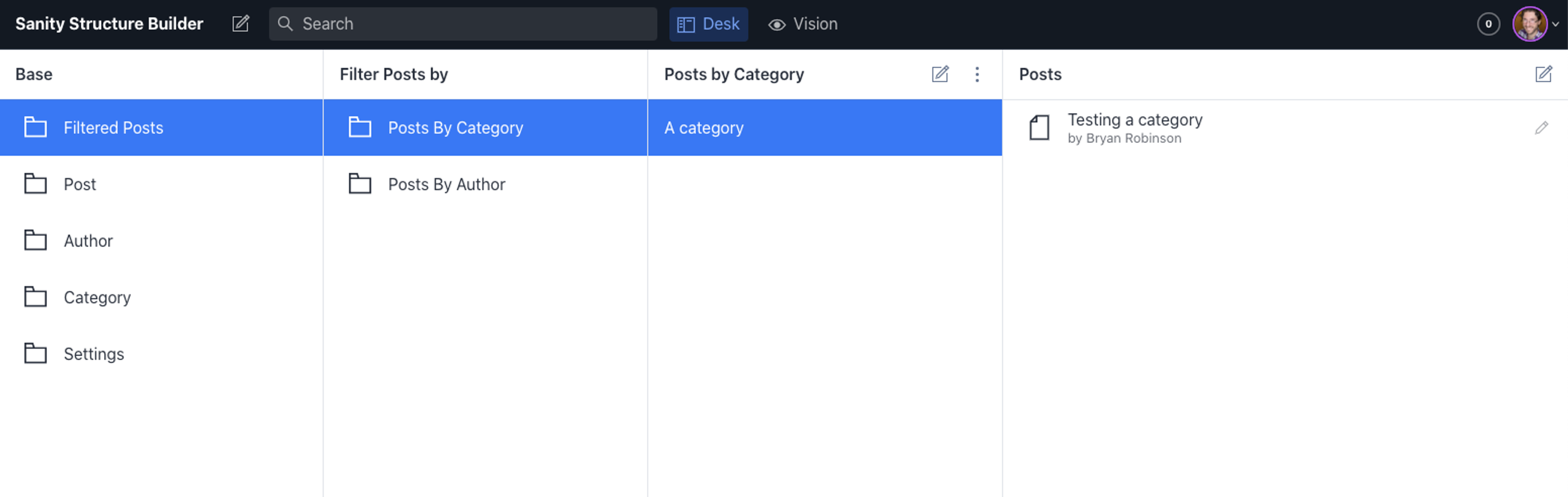 A list of documents matching our category filter in the final desk pane.
