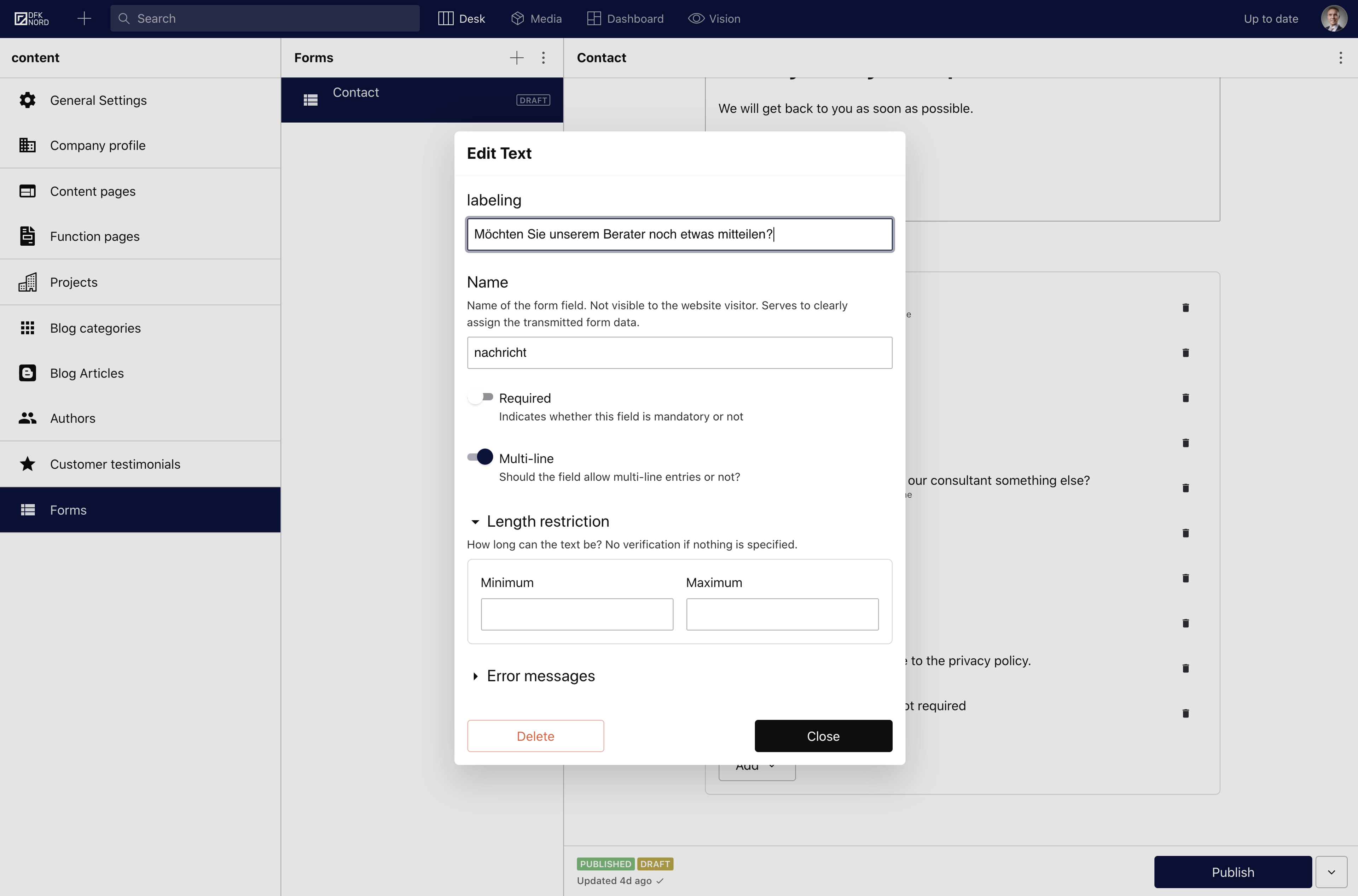 A form for fields within Sanity Studio