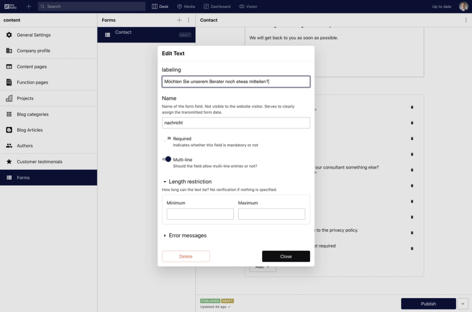 A form for fields within Sanity Studio