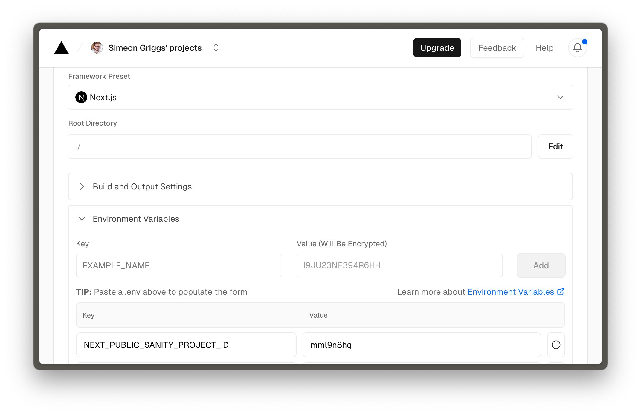 Vercel new project settings page