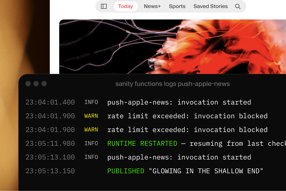 Terminal logs showing API errors and a successful publish, overlaid on a web page displaying a red jellyfish image.