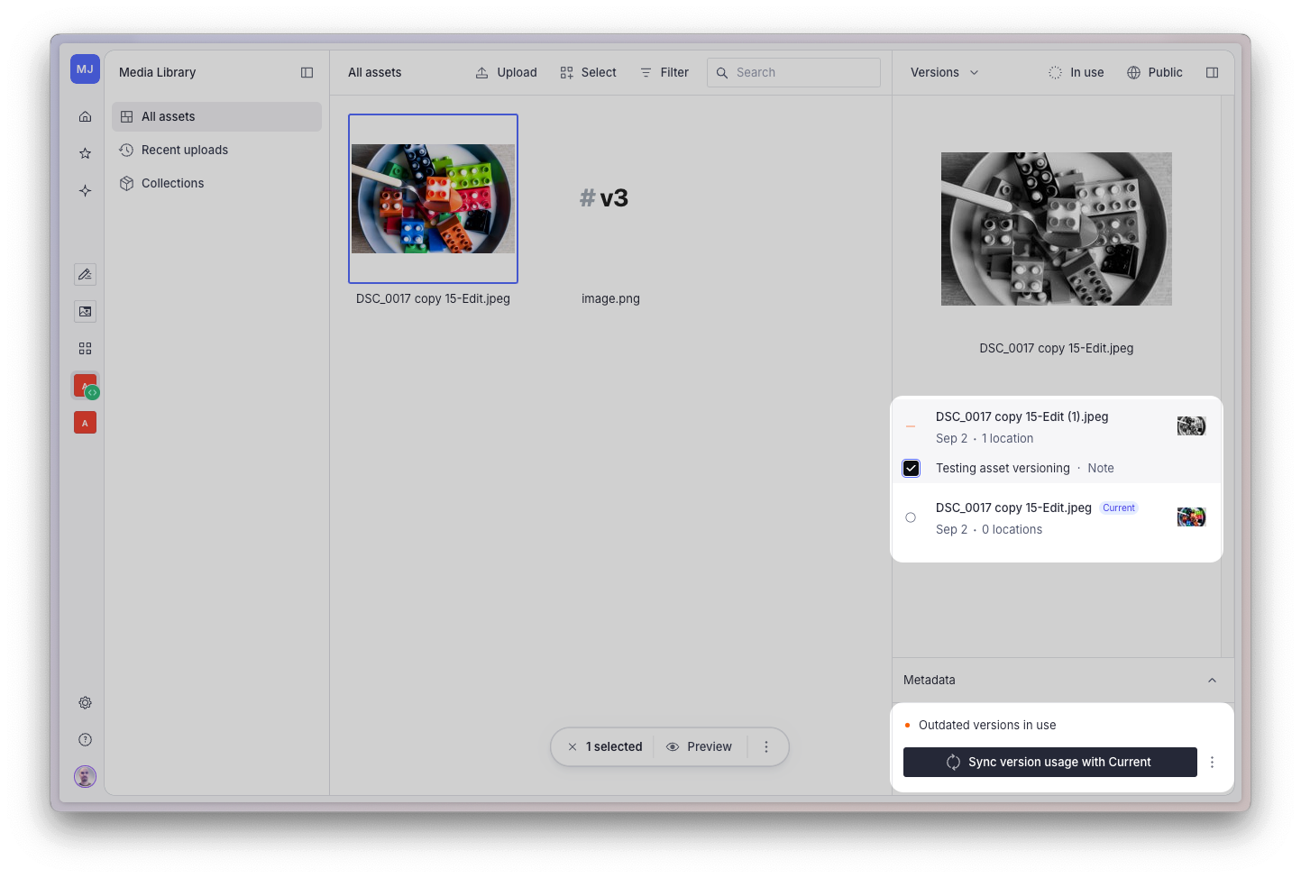 Shows Sanity Media Library with the versions inspector open, and options for selective sync highlighted