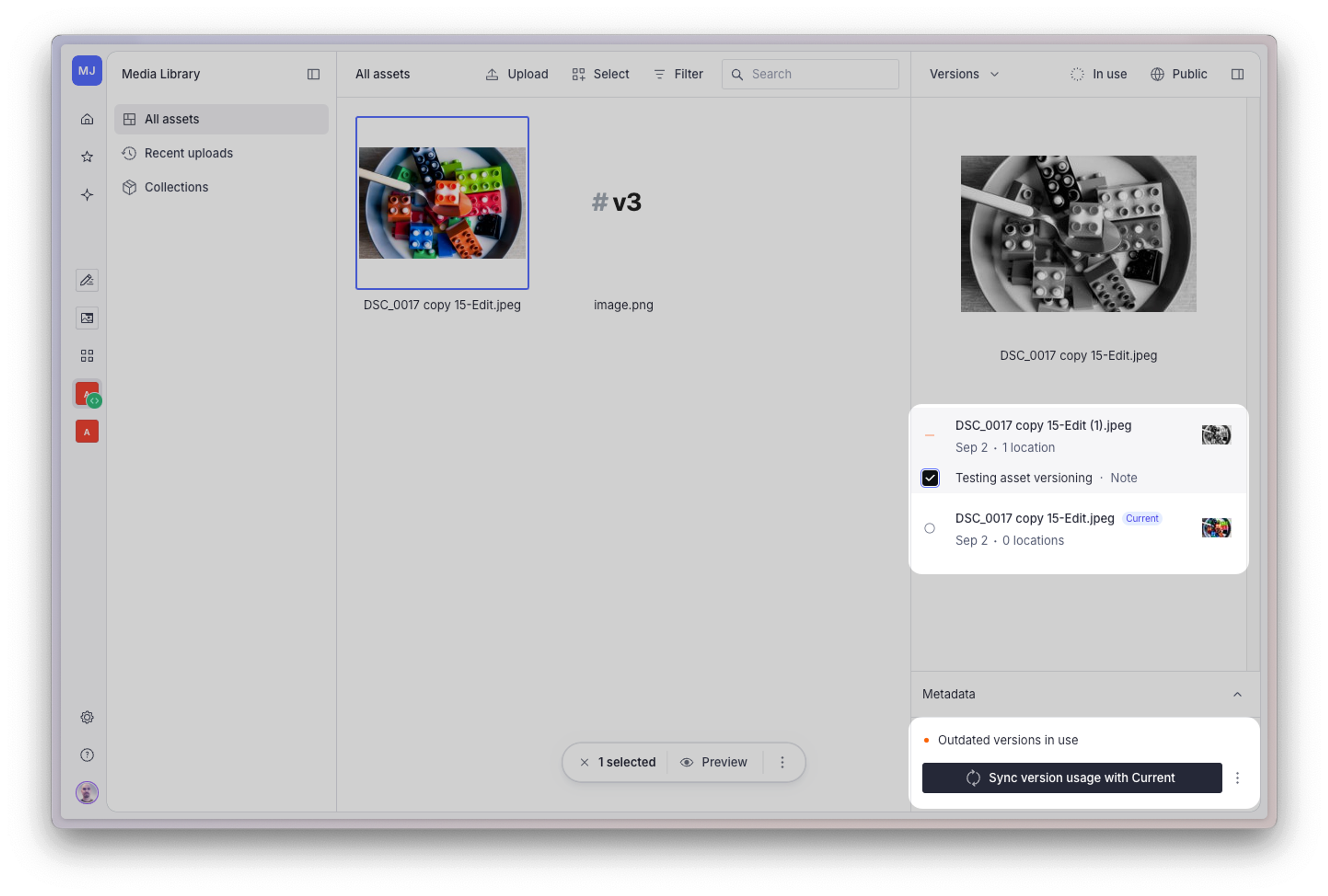 Shows Sanity Media Library with the versions inspector open, and options for selective sync highlighted