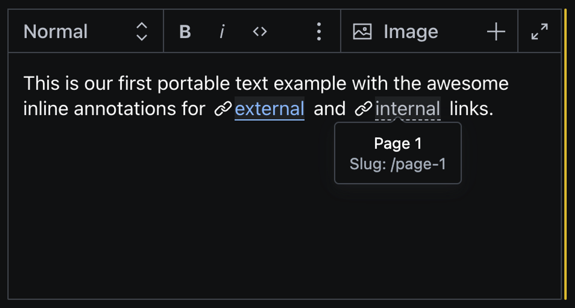 Screenshot of the pte with an open tooltip, which displays the data of the referenced document from internalLink