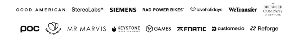 Logos for Good American, Stereolabs, Siemens, Rad Power Bikes, loveholidays, WeTransfer, The Browser Company of New York, POC, The Plastic Free Shop, Mr Marvis, Keystone Education Group, Games Workshop, Fnatic, Customer.io, and Reforge.