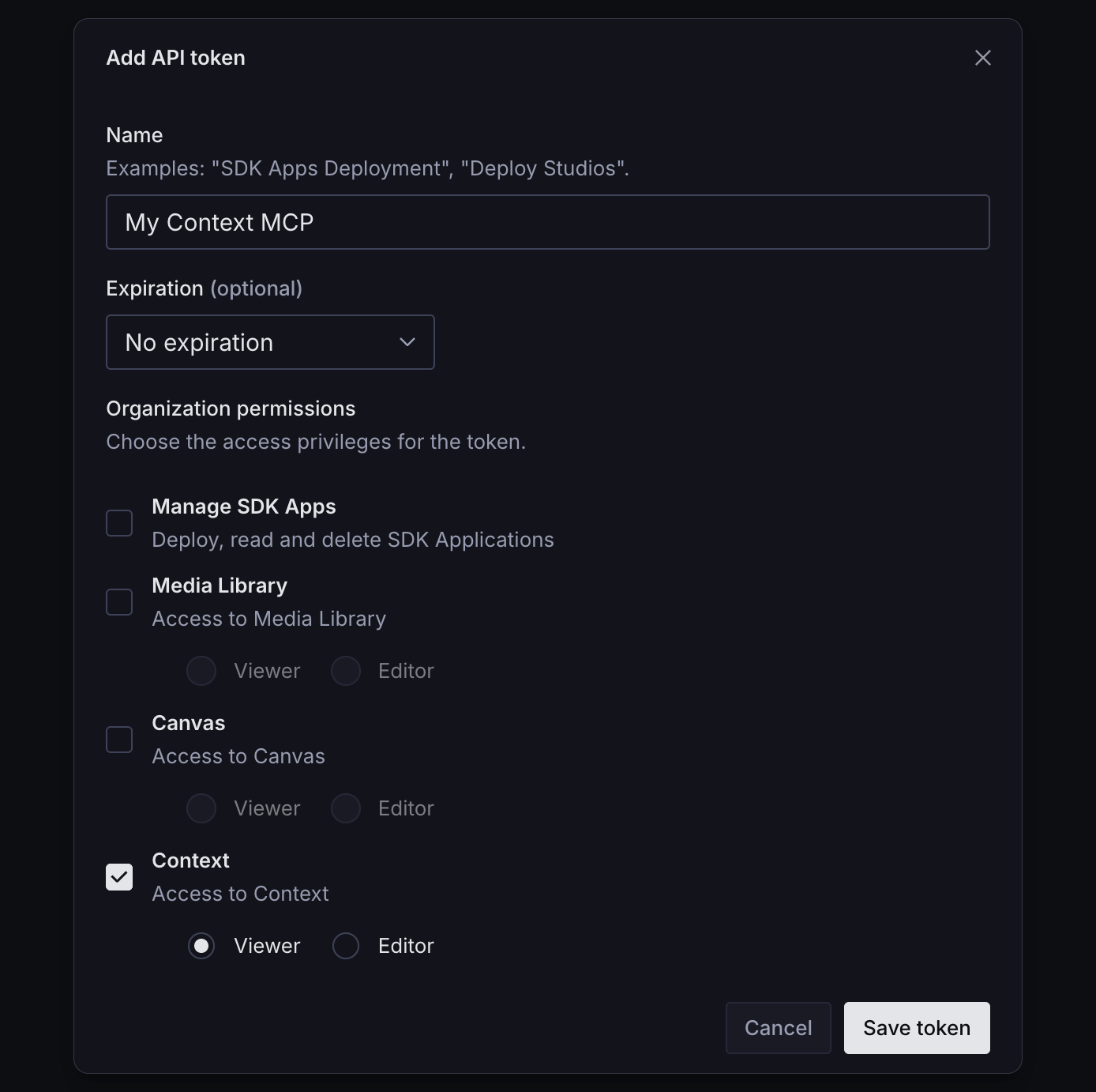 The Add API token dialog in Manage, with Context checked under Organization permissions and the Viewer access level selected.