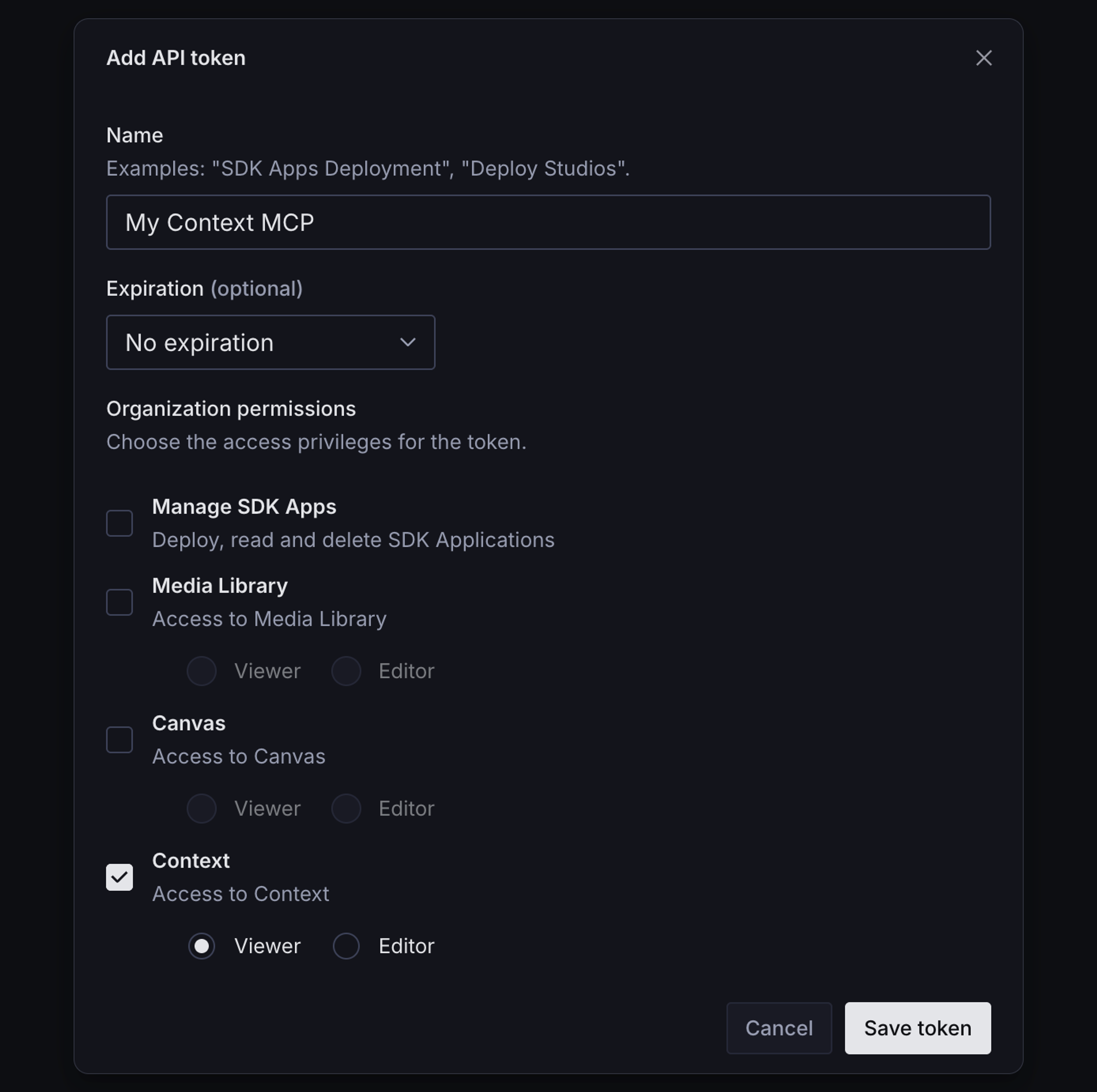 The Add API token dialog in Manage, with Context checked under Organization permissions and the Viewer access level selected.