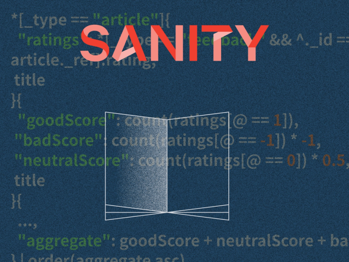 Illustration representing a newspaper over a dark backgroung with code showing article schema and the Sanity logo