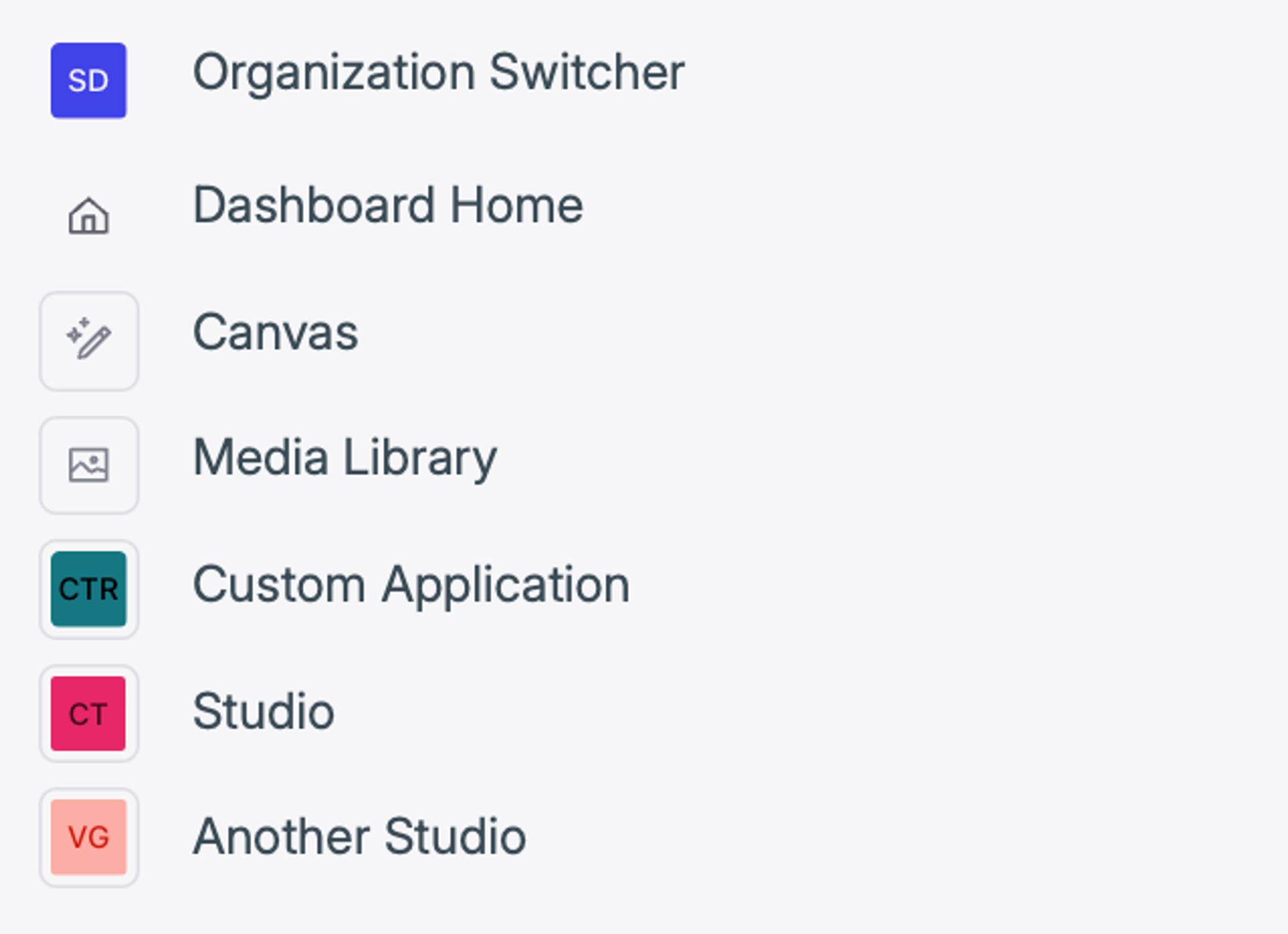a screenshot of the organization switcher dashboard home canvas media library custom application studio and another studioShows icons with labels: Organization Switcher, Dashboard Home, Canvas, Media Library, Custom App, Studio, Another Studio