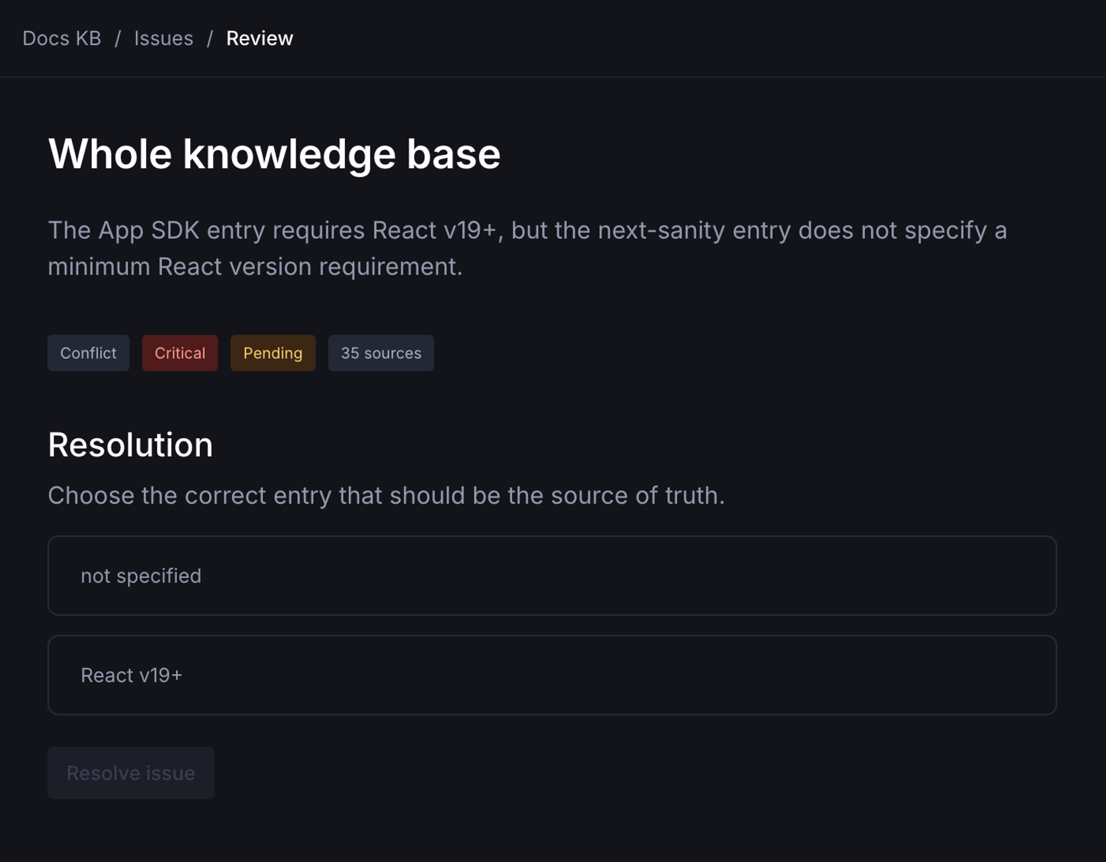A screenshot showing how a conflict is presented as an issue, and the options to resolve the conflict.