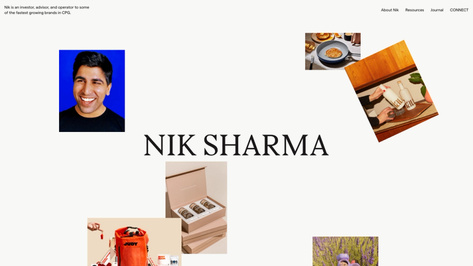 The frontpage of nsharma.co displaying some photos with “Nik Sharma” in large type in the center