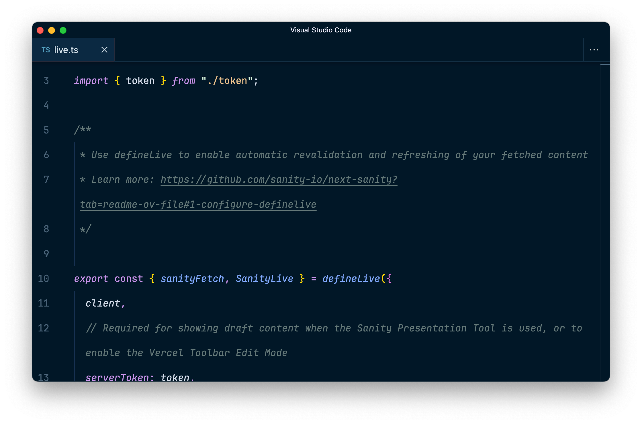 Code showing the defineLive helper from next-sanity