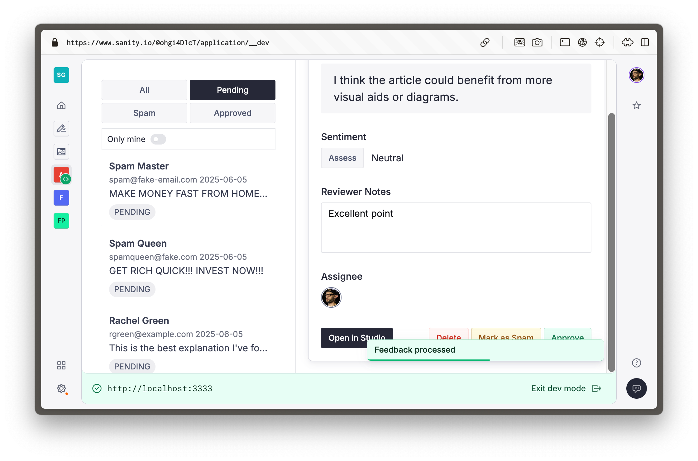 An application with a list of feedback items on the left and a document editor on the right.