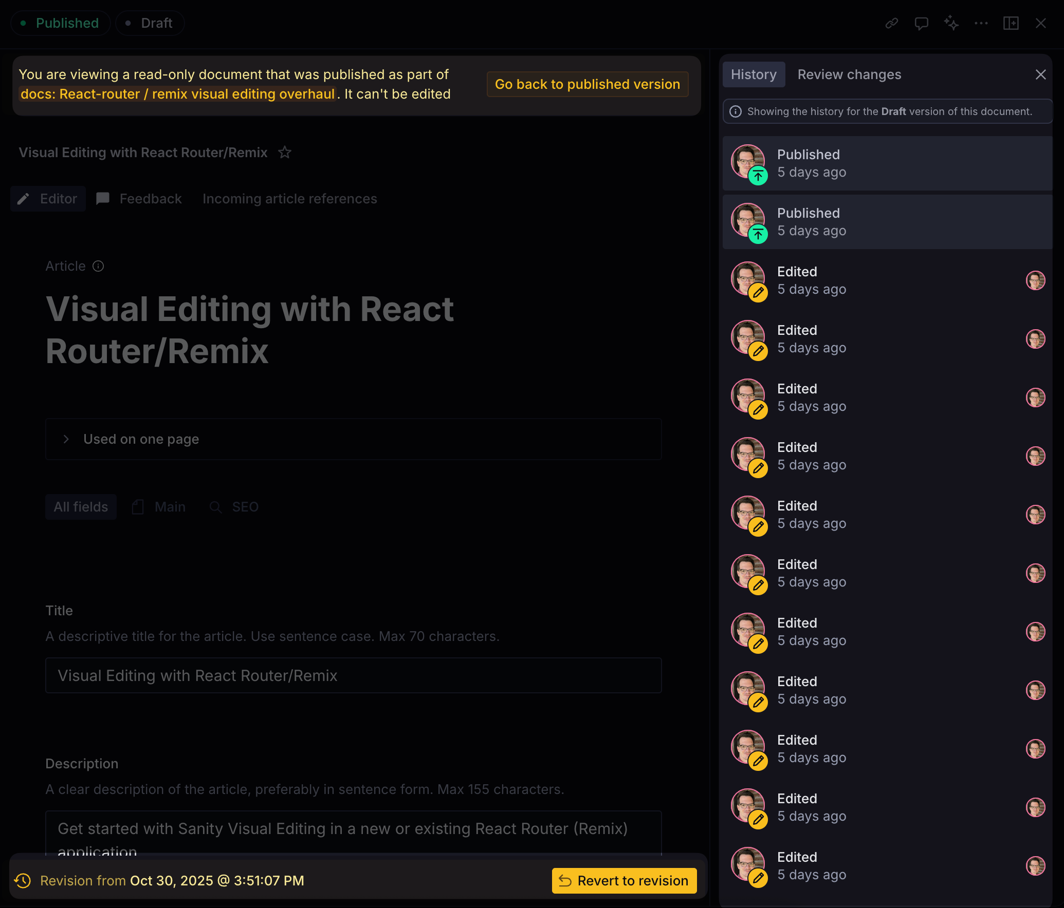 Interface showing a highlighted view of the revert document history.