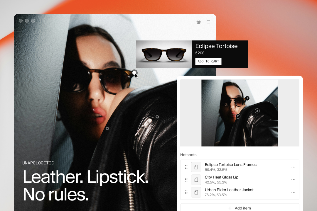 A website interface featuring a woman wearing sunglasses and a leather jacket, with product details for sunglasses and a panel listing product hotspots.