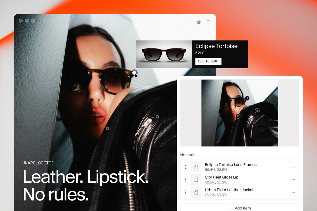 A website interface featuring a woman wearing sunglasses and a leather jacket, with product details for sunglasses and a panel listing product hotspots.