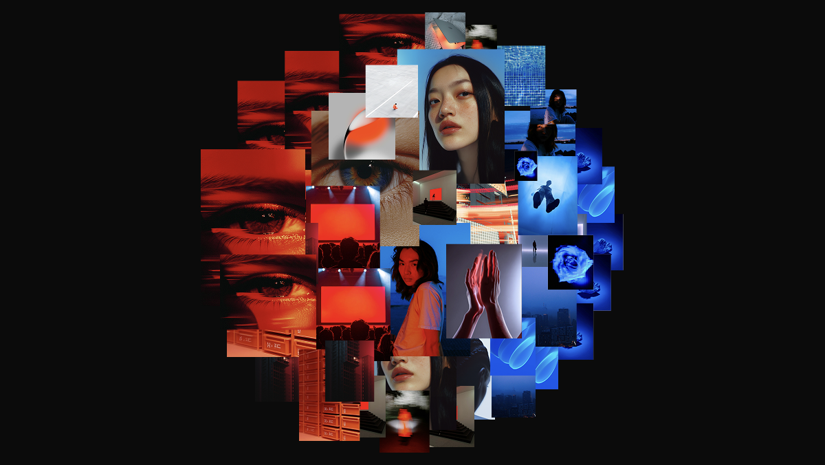 Circular photo collage transitioning from red images of eyes and glitch effects on the left, to blue images of water and abstract forms on the right.